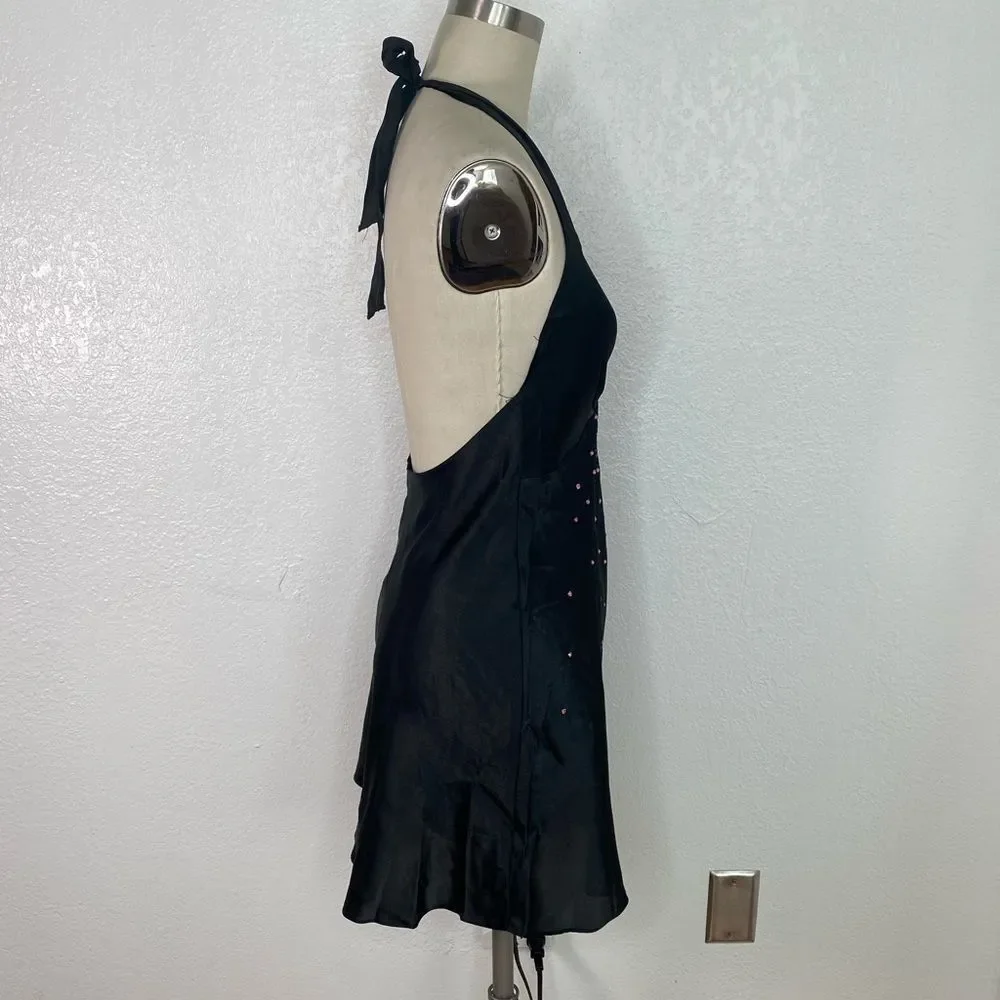 Vintage Fredericks of Hollywood Y2K 90s black satin embellished slip mini dress
